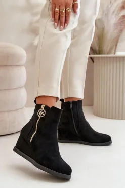 New Boto Ocieplane Botki Na Koturnie Z Ozdobnym Zamkiem Eko Zamszowe Czarne Leretha