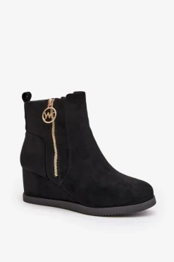 New Boto Ocieplane Botki Na Koturnie Z Ozdobnym Zamkiem Eko Zamszowe Czarne Leretha