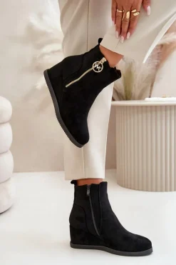 New Boto Ocieplane Botki Na Koturnie Z Ozdobnym Zamkiem Eko Zamszowe Czarne Leretha