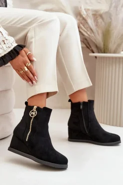 New Boto Ocieplane Botki Na Koturnie Z Ozdobnym Zamkiem Eko Zamszowe Czarne Leretha