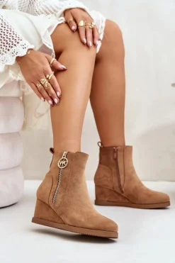 Boto Botki Ocieplane|Botki Na Koturnie*Ocieplane Botki Na Koturnie Z Ozdobnym Zamkiem Eko Zamszowe Camel Leretha Brązowy