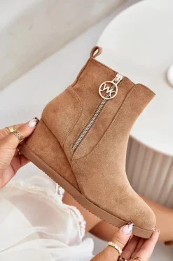 Boto Botki Ocieplane|Botki Na Koturnie*Ocieplane Botki Na Koturnie Z Ozdobnym Zamkiem Eko Zamszowe Camel Leretha Brązowy