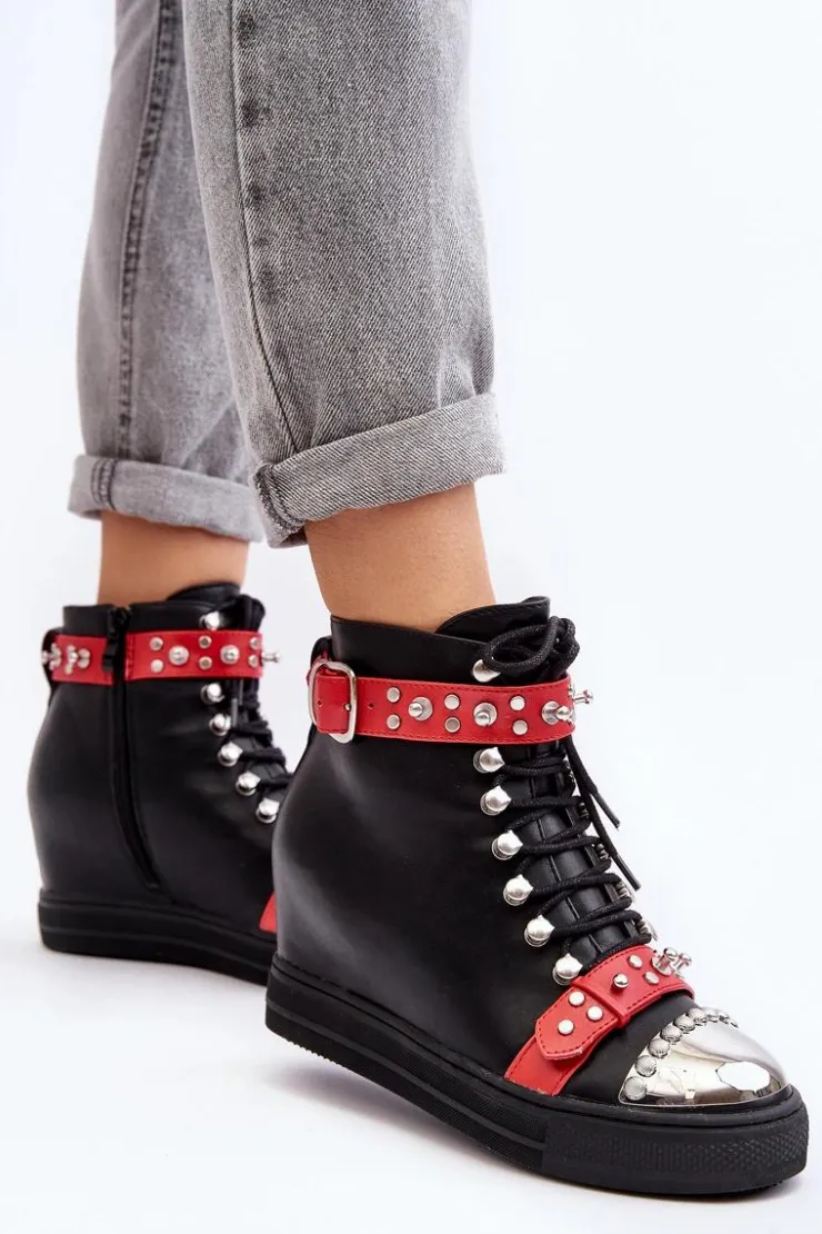 Clearance Boto Ocieplane Botki Na Koturnie Z Dżetami Ekoskóra Lu Boo Czarne