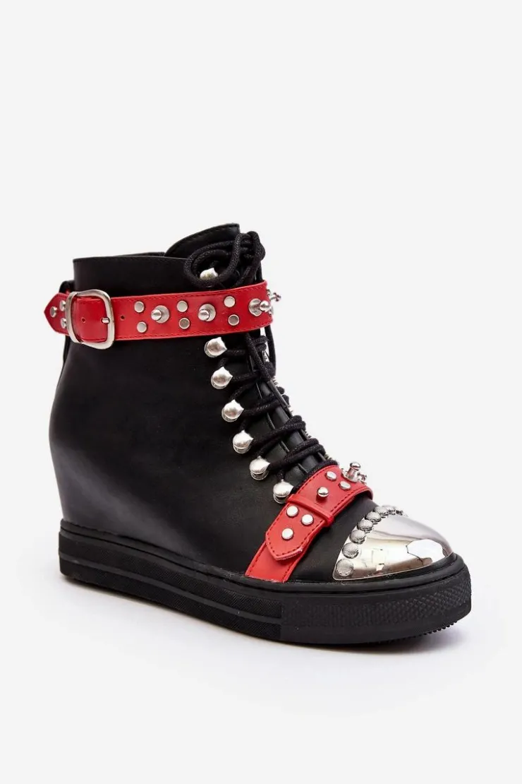 Clearance Boto Ocieplane Botki Na Koturnie Z Dżetami Ekoskóra Lu Boo Czarne