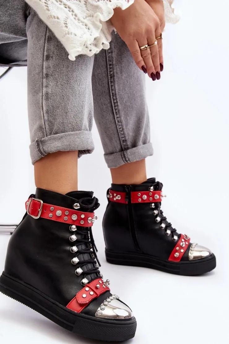 Clearance Boto Ocieplane Botki Na Koturnie Z Dżetami Ekoskóra Lu Boo Czarne