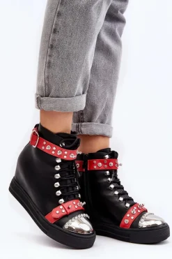 Clearance Boto Ocieplane Botki Na Koturnie Z Dżetami Ekoskóra Lu Boo Czarne