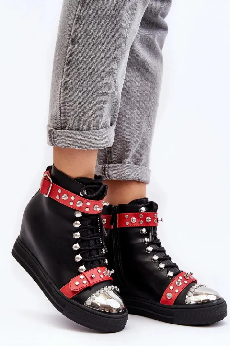 Clearance Boto Ocieplane Botki Na Koturnie Z Dżetami Ekoskóra Lu Boo Czarne