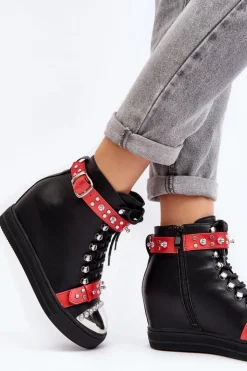 Clearance Boto Ocieplane Botki Na Koturnie Z Dżetami Ekoskóra Lu Boo Czarne