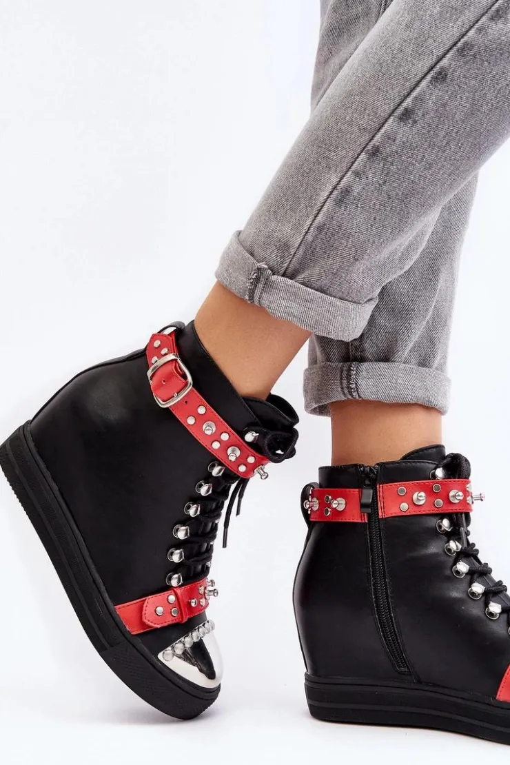 Clearance Boto Ocieplane Botki Na Koturnie Z Dżetami Ekoskóra Lu Boo Czarne