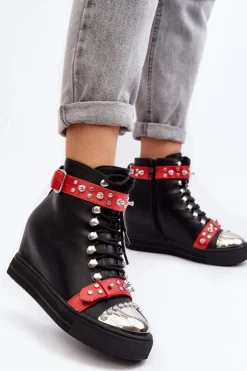 Clearance Boto Ocieplane Botki Na Koturnie Z Dżetami Ekoskóra Lu Boo Czarne