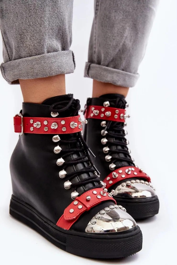 Clearance Boto Ocieplane Botki Na Koturnie Z Dżetami Ekoskóra Lu Boo Czarne