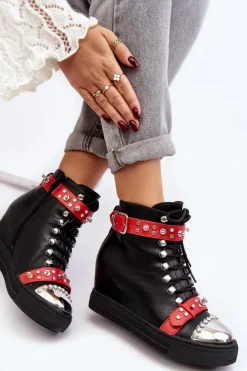 Clearance Boto Ocieplane Botki Na Koturnie Z Dżetami Ekoskóra Lu Boo Czarne