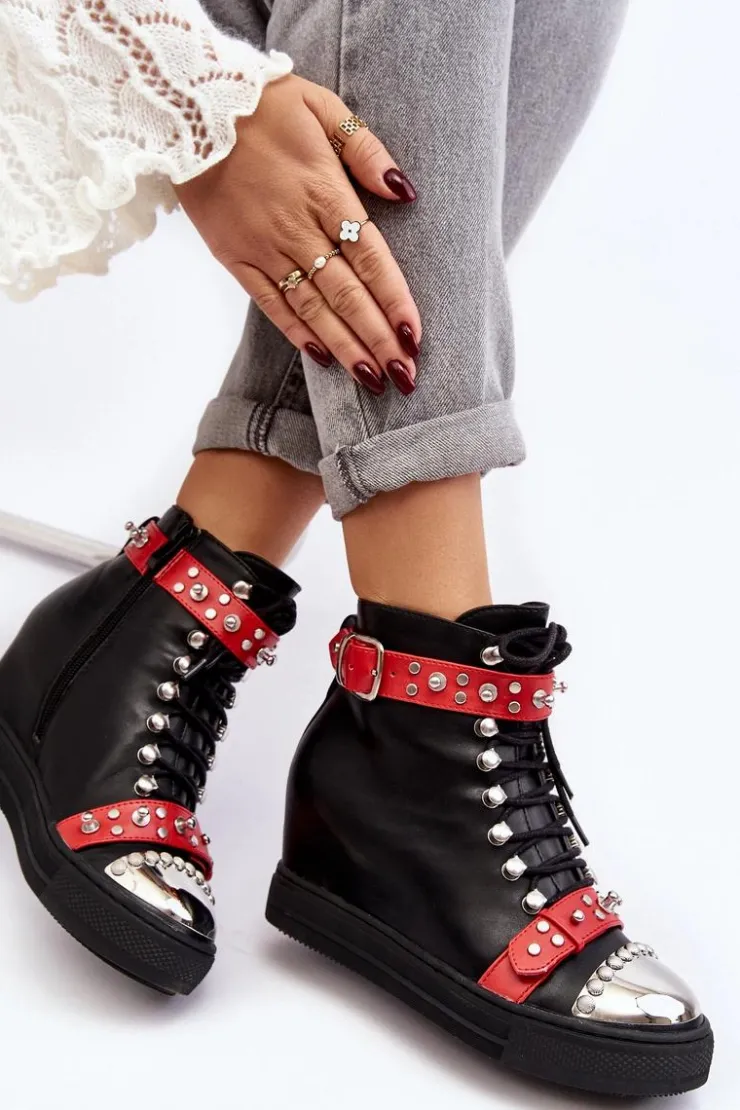 Clearance Boto Ocieplane Botki Na Koturnie Z Dżetami Ekoskóra Lu Boo Czarne