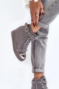 Damskie Boto Ocieplane Botki Na Koturnie Z Dżetami Zamszowe Lu Boo Szare