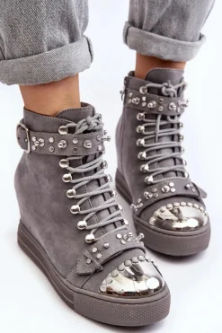 Damskie Boto Ocieplane Botki Na Koturnie Z Dżetami Zamszowe Lu Boo Szare