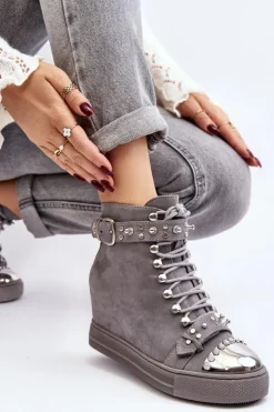 Damskie Boto Ocieplane Botki Na Koturnie Z Dżetami Zamszowe Lu Boo Szare