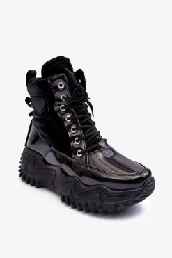 Sale Boto Ocieplane Botki Na Masywnej Platformie Czarne Lanleh