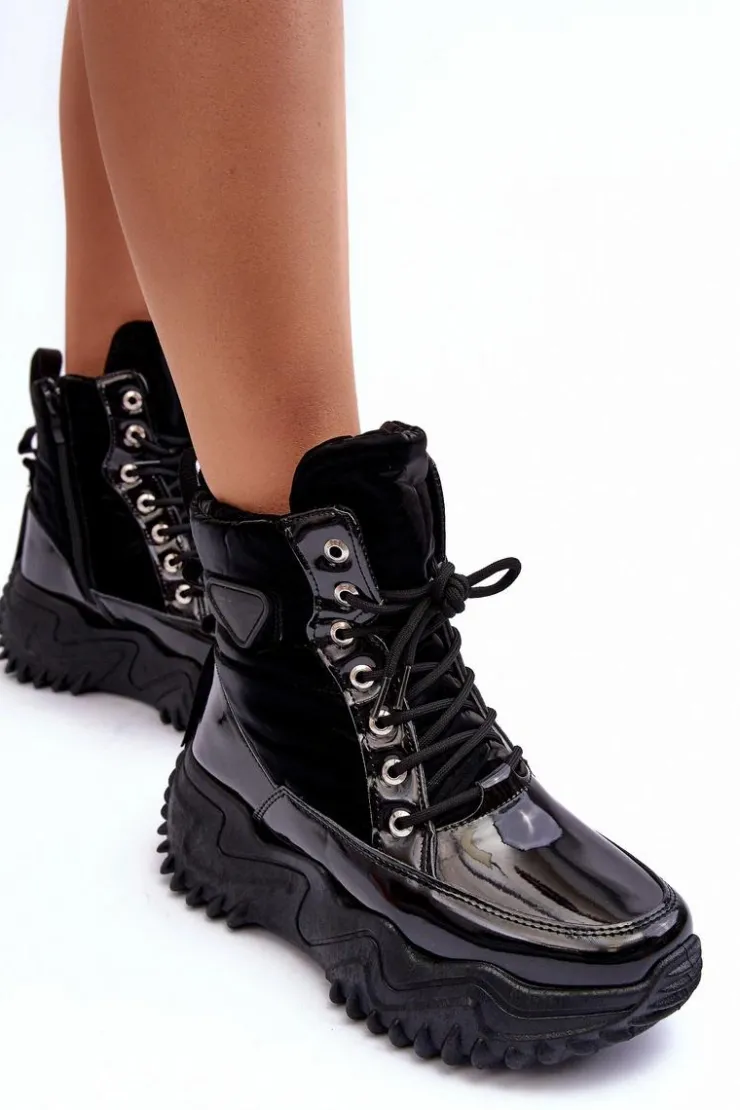 Sale Boto Ocieplane Botki Na Masywnej Platformie Czarne Lanleh