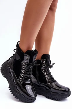 Sale Boto Ocieplane Botki Na Masywnej Platformie Czarne Lanleh