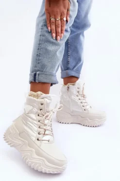 Damskie Boto Ocieplane Botki Na Masywnej Platformie Jasnobeżowe Lanleh