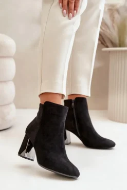 Outlet Boto Ocieplane Botki Na Obcasie Słupku Z Lustrzanym Elementem Czarne Silvare Czarny