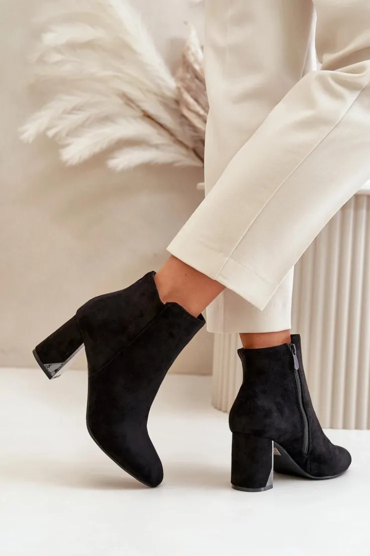 Outlet Boto Ocieplane Botki Na Obcasie Słupku Z Lustrzanym Elementem Czarne Silvare Czarny