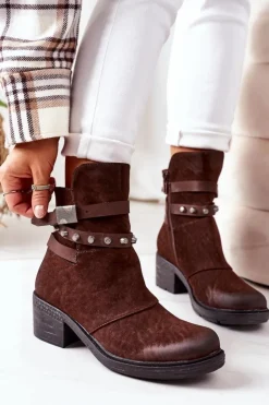Boto Ocieplane Botki Na Obcasie Brązowe Effie