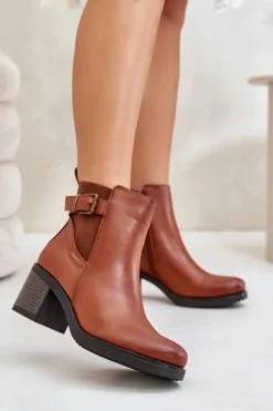 Boto Botki Na Słupku|Botki Zimowe Damskie*Ocieplane Botki Na Obcasie Eko Skórzane Z Klamrą Camel Eriliana