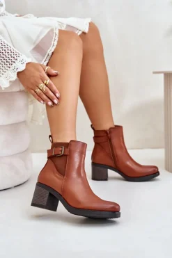 Boto Botki Na Słupku|Botki Zimowe Damskie*Ocieplane Botki Na Obcasie Eko Skórzane Z Klamrą Camel Eriliana