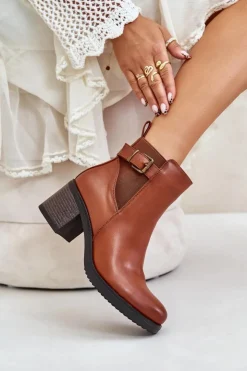 Boto Botki Na Słupku|Botki Zimowe Damskie*Ocieplane Botki Na Obcasie Eko Skórzane Z Klamrą Camel Eriliana