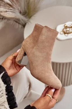 Damskie Boto Ocieplane Botki Na Obcasie Słupku Z Lustrzanym Elementem Beżowe Silvare