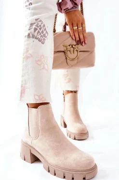 Damskie Boto Ocieplane Botki Na Obcasie Beżowe Madge