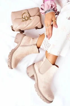 Damskie Boto Ocieplane Botki Na Obcasie Beżowe Madge