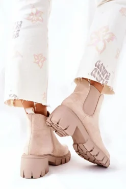 Damskie Boto Ocieplane Botki Na Obcasie Beżowe Madge