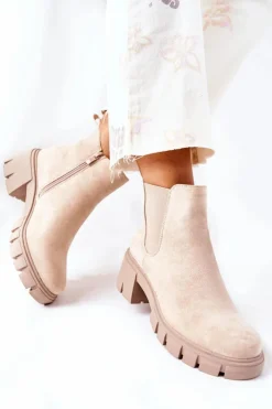 Damskie Boto Ocieplane Botki Na Obcasie Beżowe Madge