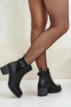 New Boto Ocieplane Botki Na Obcasie Eko Skórzane Z Klamrą Czarne Eriliana