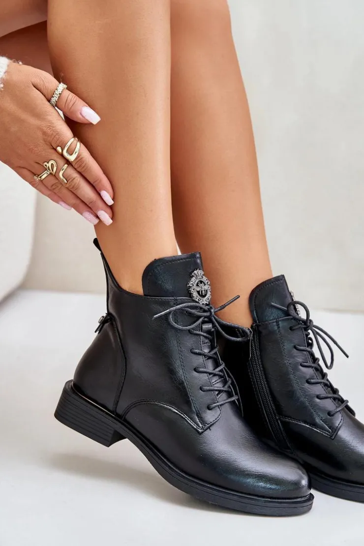 Outlet Boto Ocieplane Botki Na Płaskim Obcasie Z Ozdobą Czarne Leonise Czarny