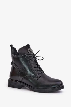 Outlet Boto Ocieplane Botki Na Płaskim Obcasie Z Ozdobą Czarne Leonise Czarny