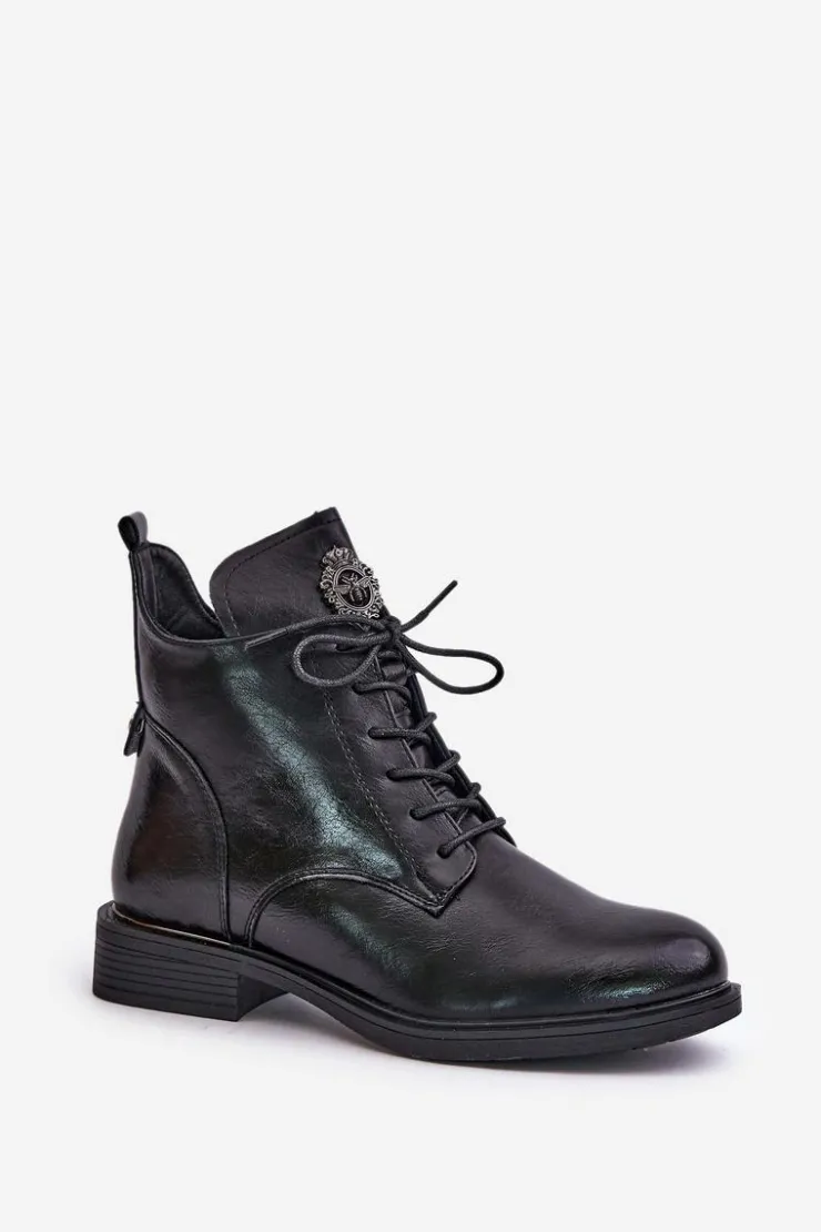 Outlet Boto Ocieplane Botki Na Płaskim Obcasie Z Ozdobą Czarne Leonise Czarny