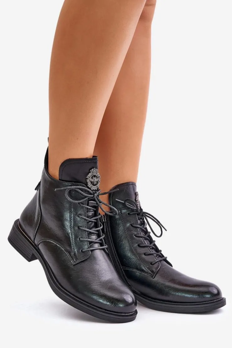 Outlet Boto Ocieplane Botki Na Płaskim Obcasie Z Ozdobą Czarne Leonise Czarny