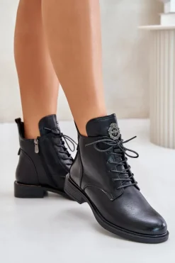 Outlet Boto Ocieplane Botki Na Płaskim Obcasie Z Ozdobą Czarne Leonise Czarny