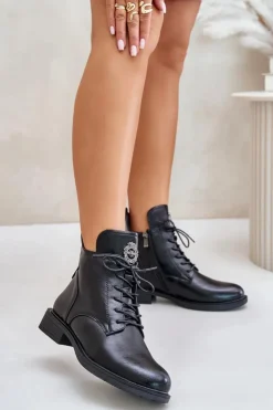 Outlet Boto Ocieplane Botki Na Płaskim Obcasie Z Ozdobą Czarne Leonise Czarny