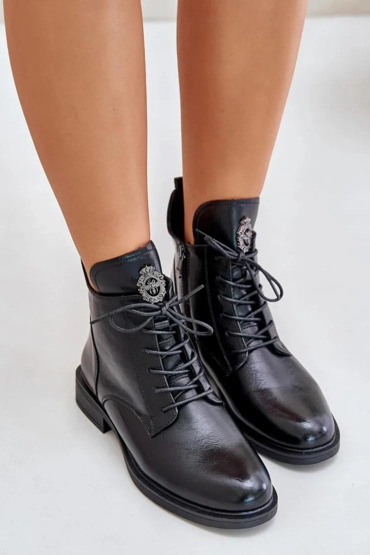 Outlet Boto Ocieplane Botki Na Płaskim Obcasie Z Ozdobą Czarne Leonise Czarny