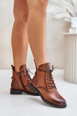 Sale Boto Ocieplane Botki Na Płaskim Obcasie Z Ozdobą Camel Leonise