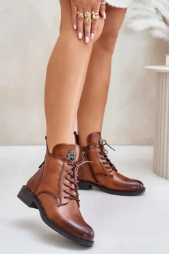 Sale Boto Ocieplane Botki Na Płaskim Obcasie Z Ozdobą Camel Leonise