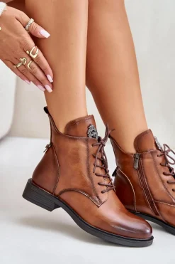 Sale Boto Ocieplane Botki Na Płaskim Obcasie Z Ozdobą Camel Leonise