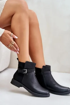 Damskie Evento Ocieplane Botki Na Płaskim Obcasie Z Paskiem Czarne Sabamessa