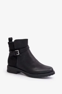 Damskie Evento Ocieplane Botki Na Płaskim Obcasie Z Paskiem Czarne Sabamessa