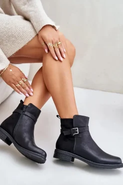 Damskie Evento Ocieplane Botki Na Płaskim Obcasie Z Paskiem Czarne Sabamessa