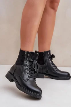 Evento Botki Ocieplane|Botki Sznurowane*Ocieplane Botki Na Płaskim Obcasie Eko Skórzane Czarne Naoise